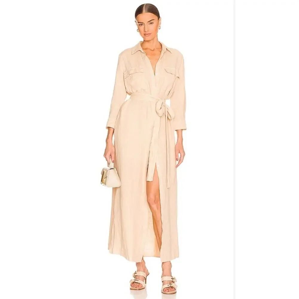 L’AGENCE Cameron Linen Maxi Shirt Dress Sand Button Front Belted XS